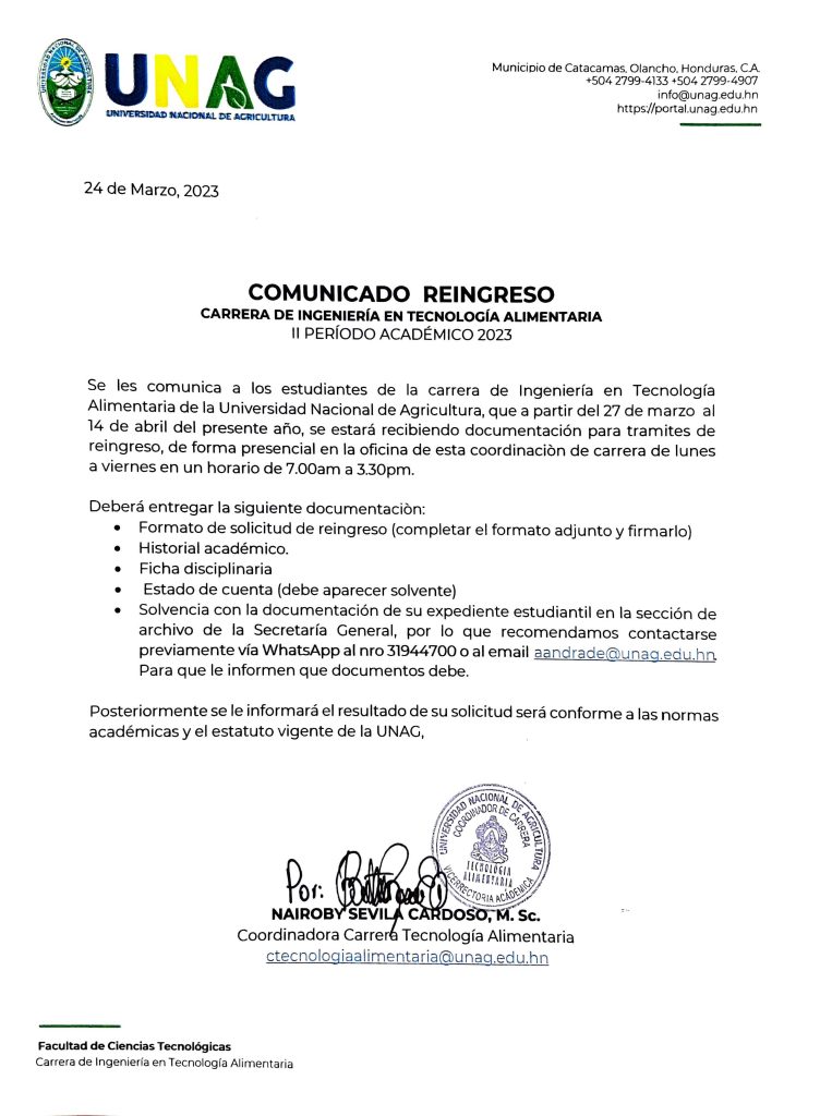 Comunicado de reingreso para la carrera de Ingeniería en Tecnología  Alimentaria, II período académico 2023 | UNAG