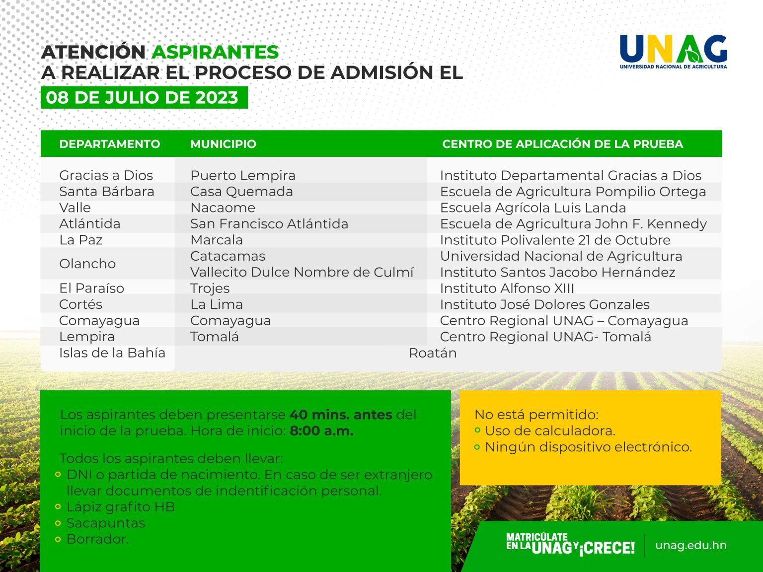 Primer proceso de admisión mediante la UNAG 2024 (Presencial) | UNAG